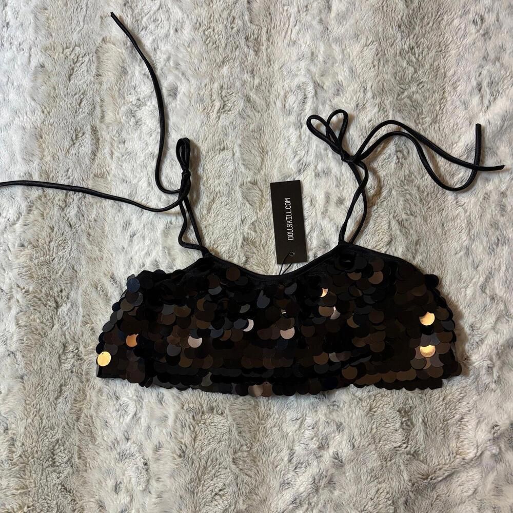 Dolls kill club exx black xs tie straps crop top sequins festival party nwt